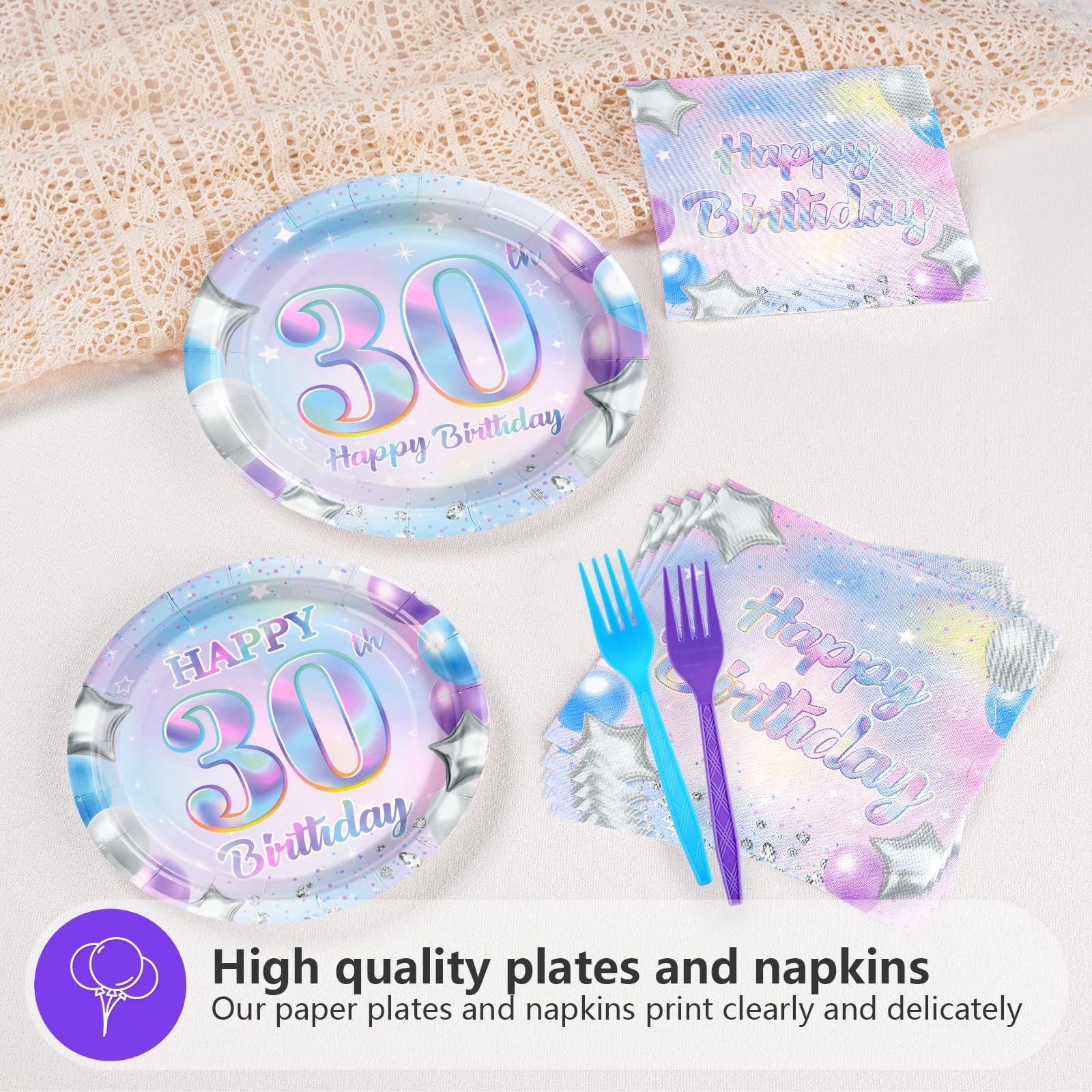 96 Pcs Iridescent 30th Birthday Party Plates and Napkins - Grencian