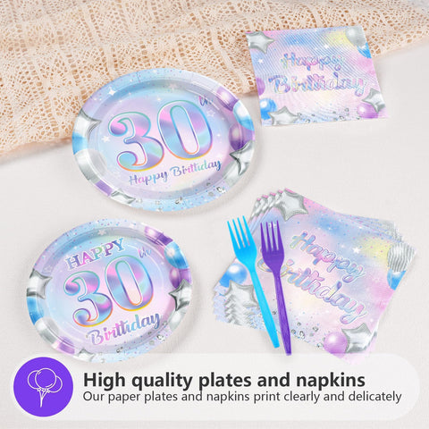 96 Pcs Iridescent 30th Birthday Party Plates and Napkins - Grencian