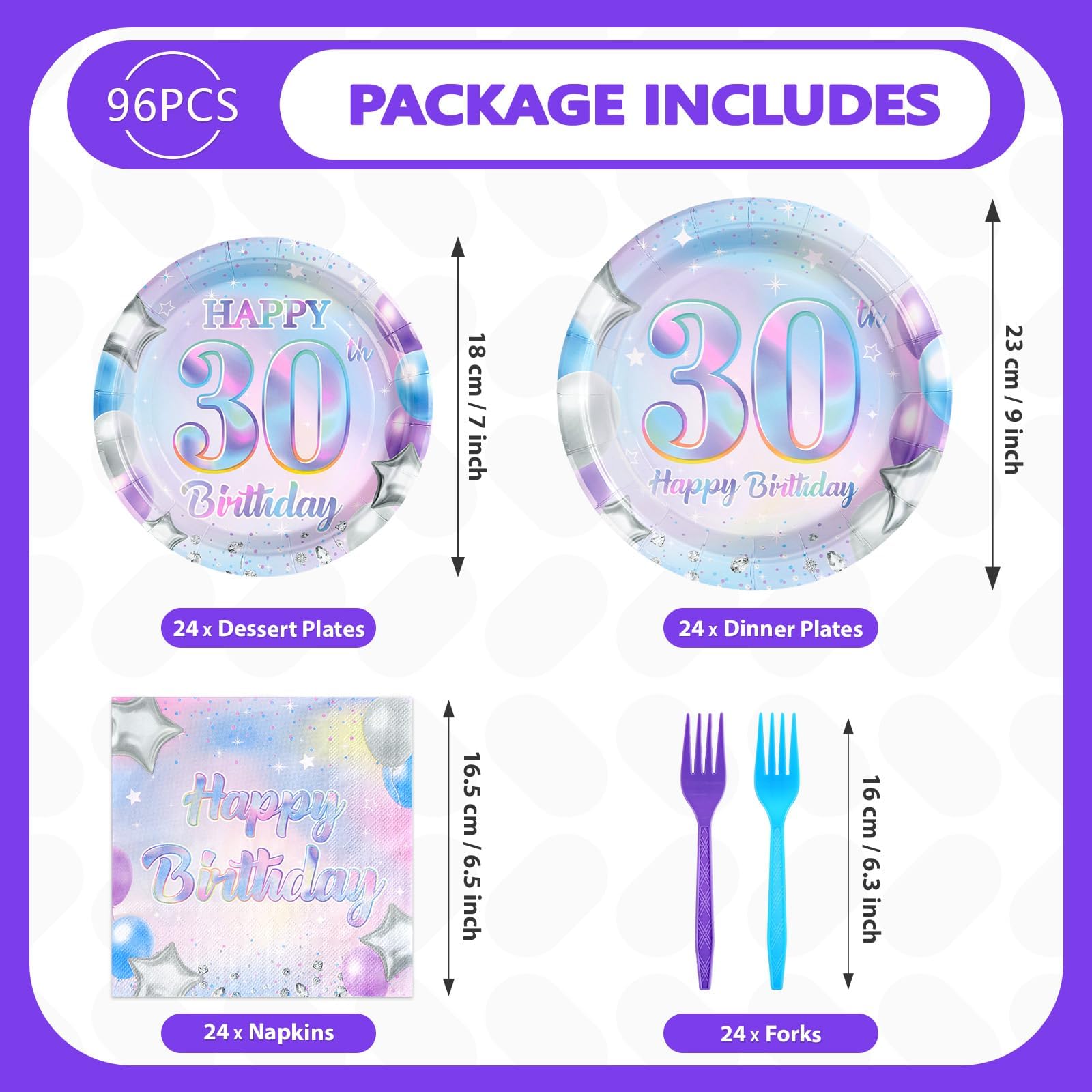 96 Pcs Iridescent 30th Birthday Party Plates and Napkins - Grencian