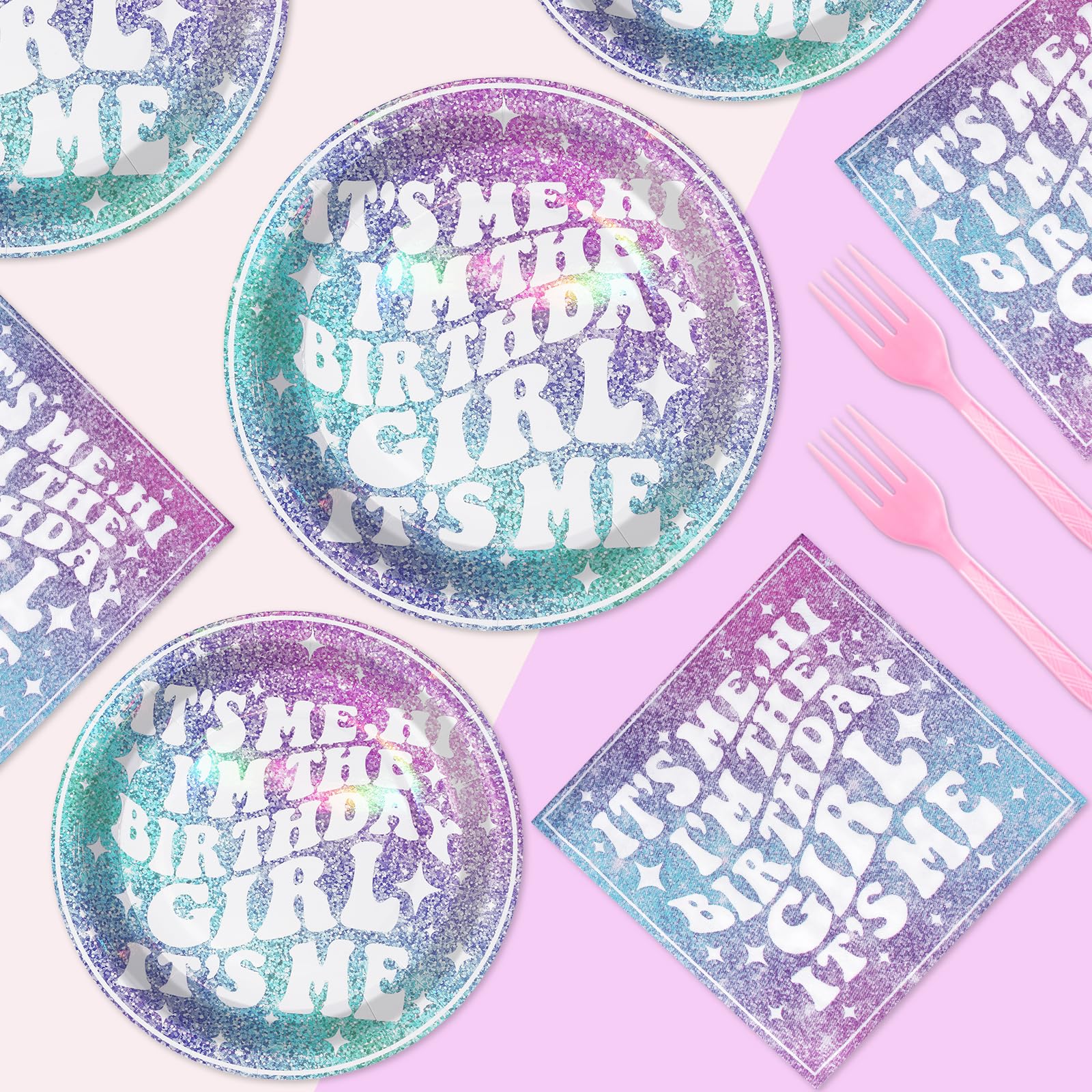 96 Pcs Iridescent Birthday Party Plates and Napkins - Grencian