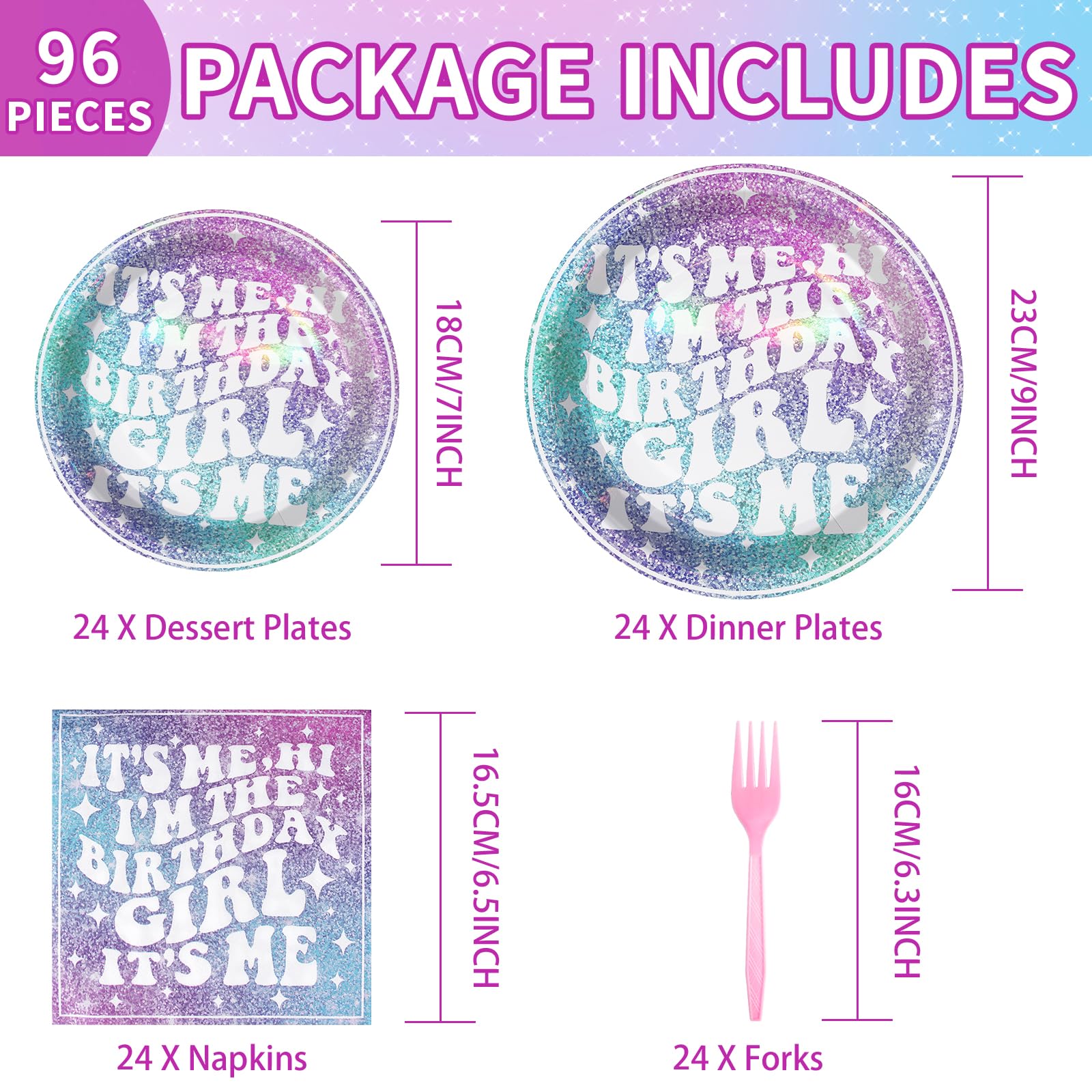 96 Pcs Iridescent Birthday Party Plates and Napkins - Grencian