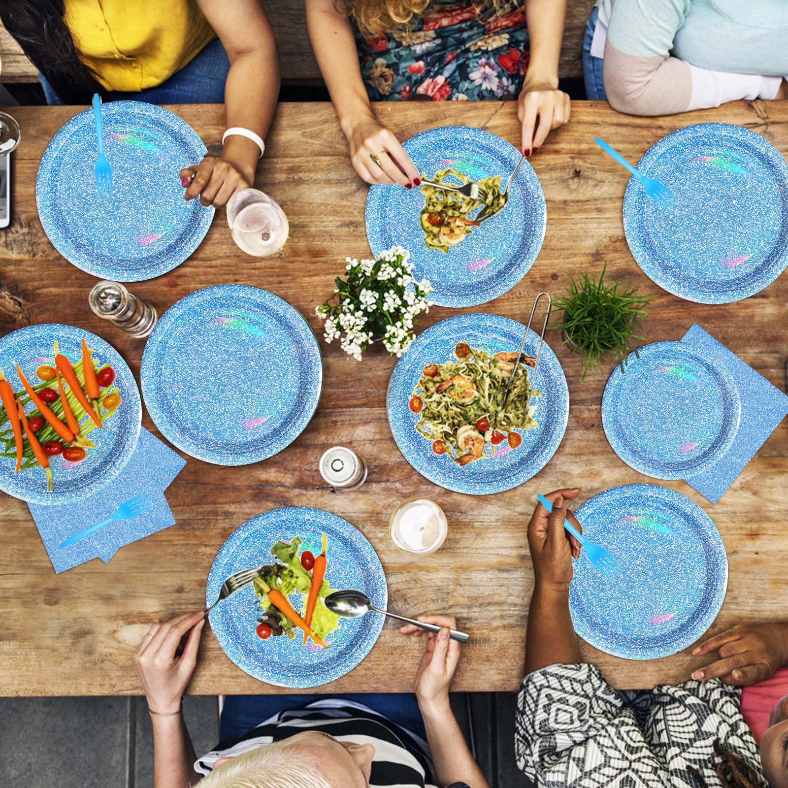 96 Pcs Iridescent Blue Party Plates and Napkins - Grencian