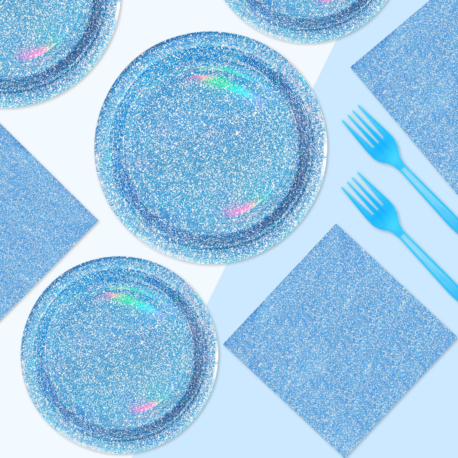 96 Pcs Iridescent Blue Party Plates and Napkins - Grencian