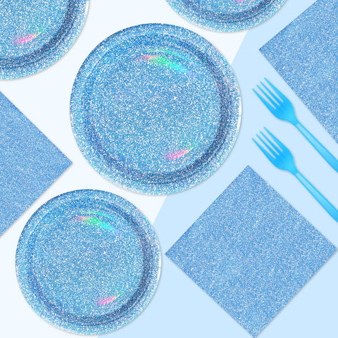 96 Pcs Iridescent Blue Party Plates and Napkins - Grencian