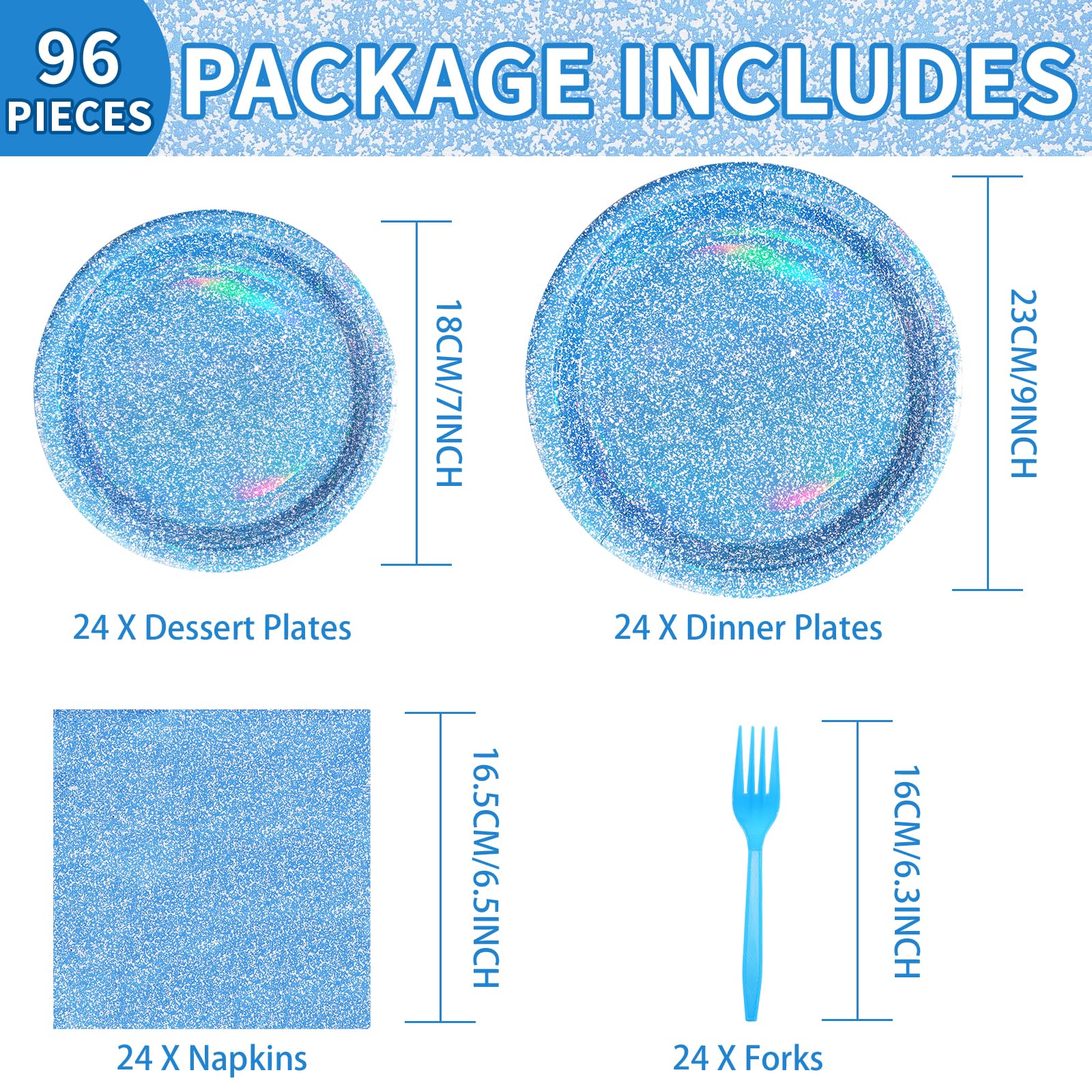 96 Pcs Iridescent Blue Party Plates and Napkins - Grencian