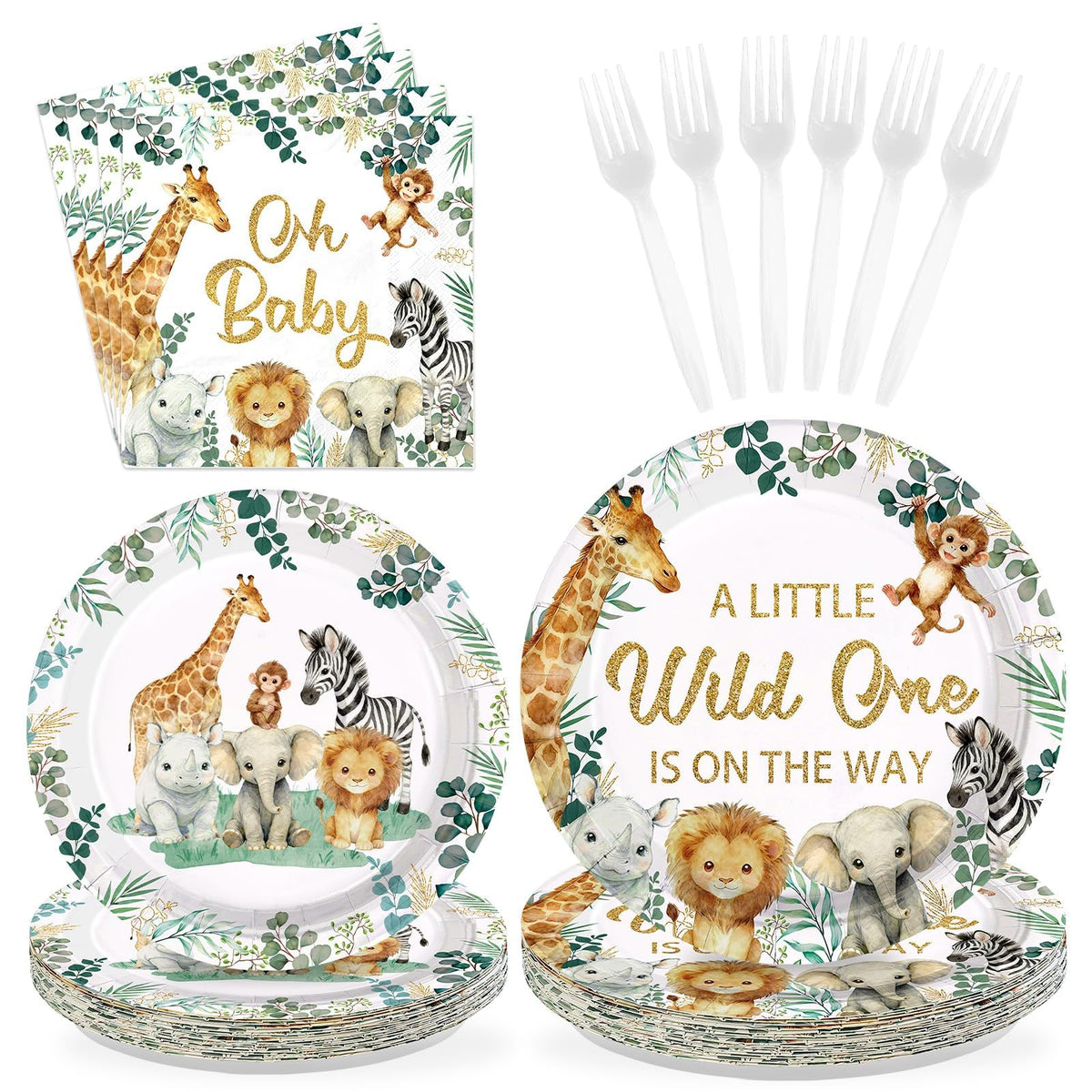 96 Pcs Jungle Safari Baby Shower Party Plates and Napkins - Grencian