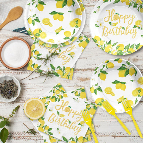 96 Pcs Lemon Birthday Party Plates and Napkins - Grencian