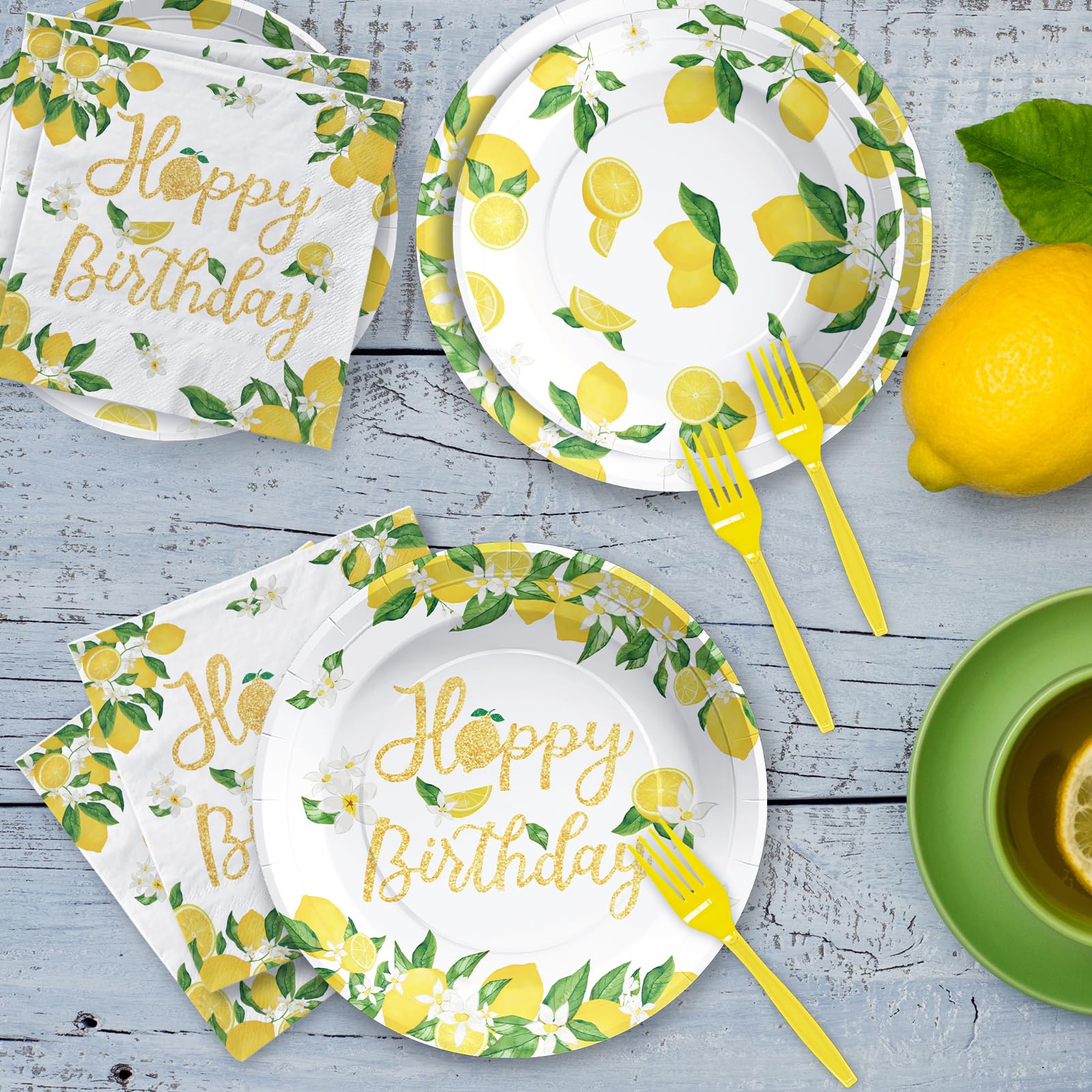 96 Pcs Lemon Birthday Party Plates and Napkins - Grencian