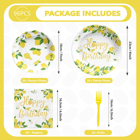 96 Pcs Lemon Birthday Party Plates and Napkins - Grencian