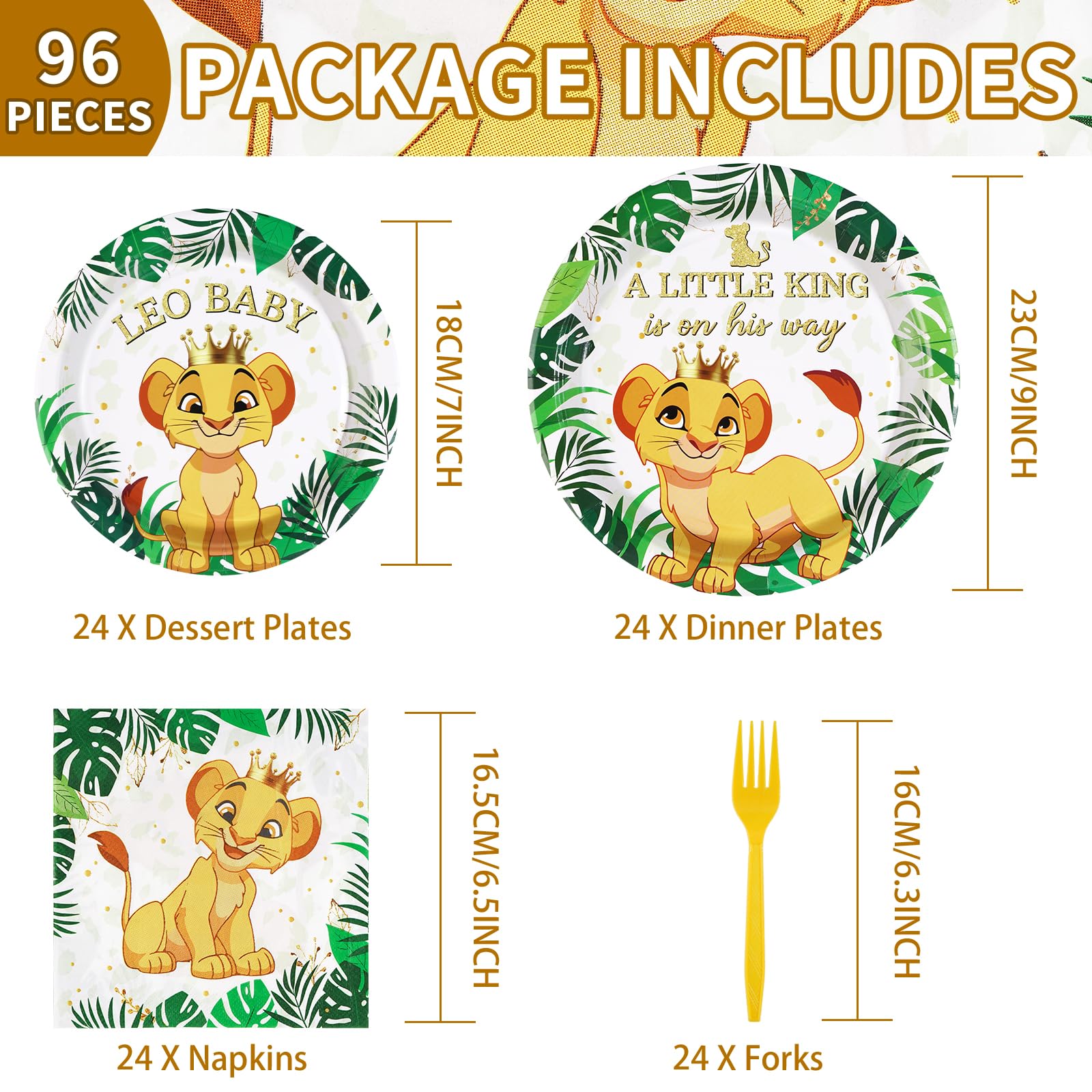 96 Pcs Lion Baby Shower Party Plates and Napkins - Grencian