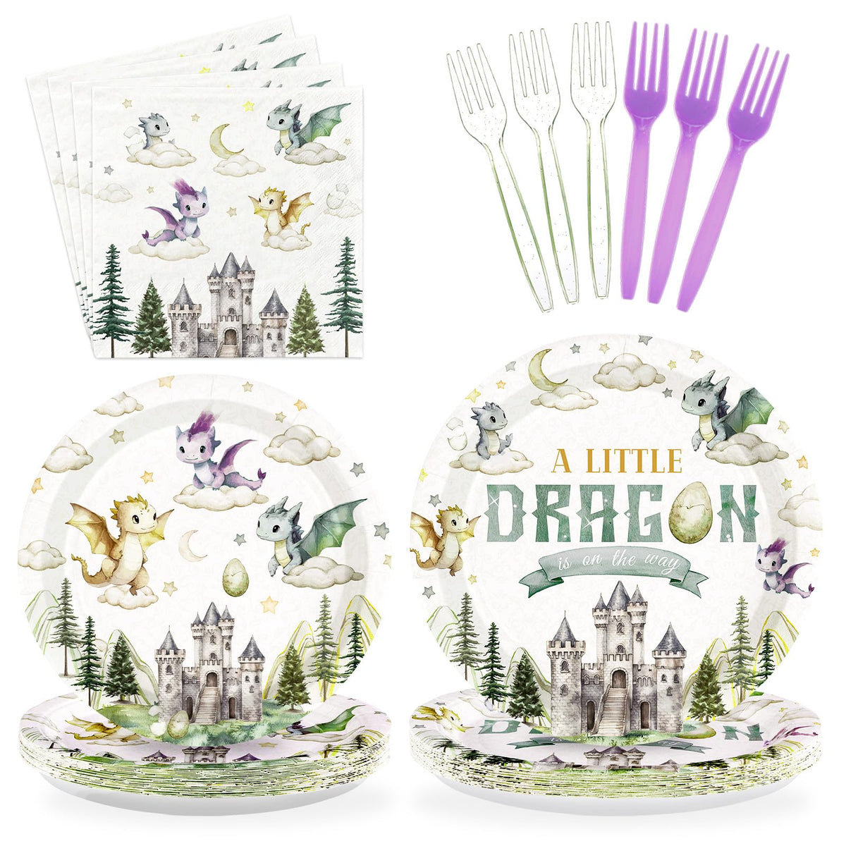 96 Pcs Little Dragon Baby Shower Party Plates and Napkins - Grencian