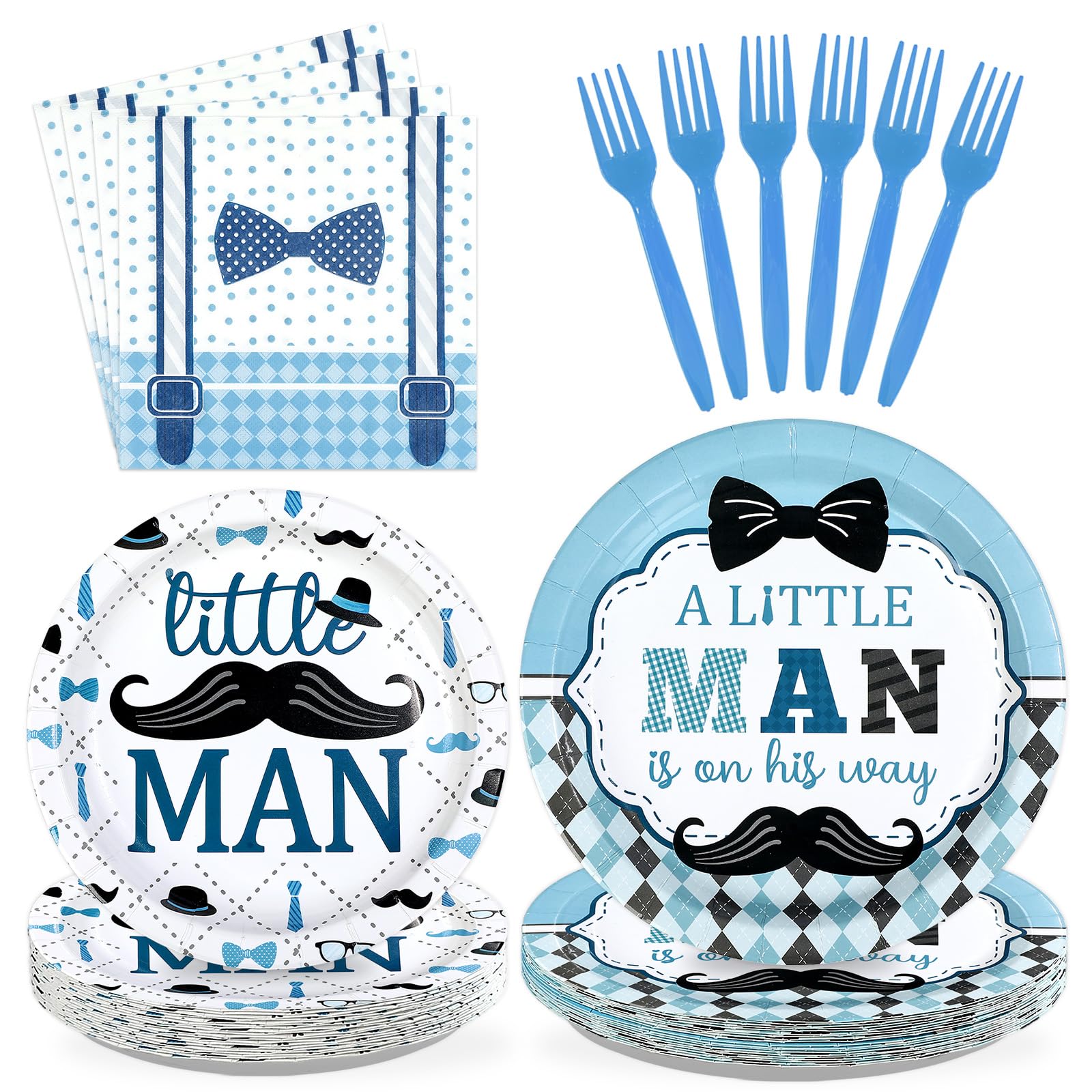 96 Pcs Little Man Baby Shower Party Plates and Napkins - Grencian