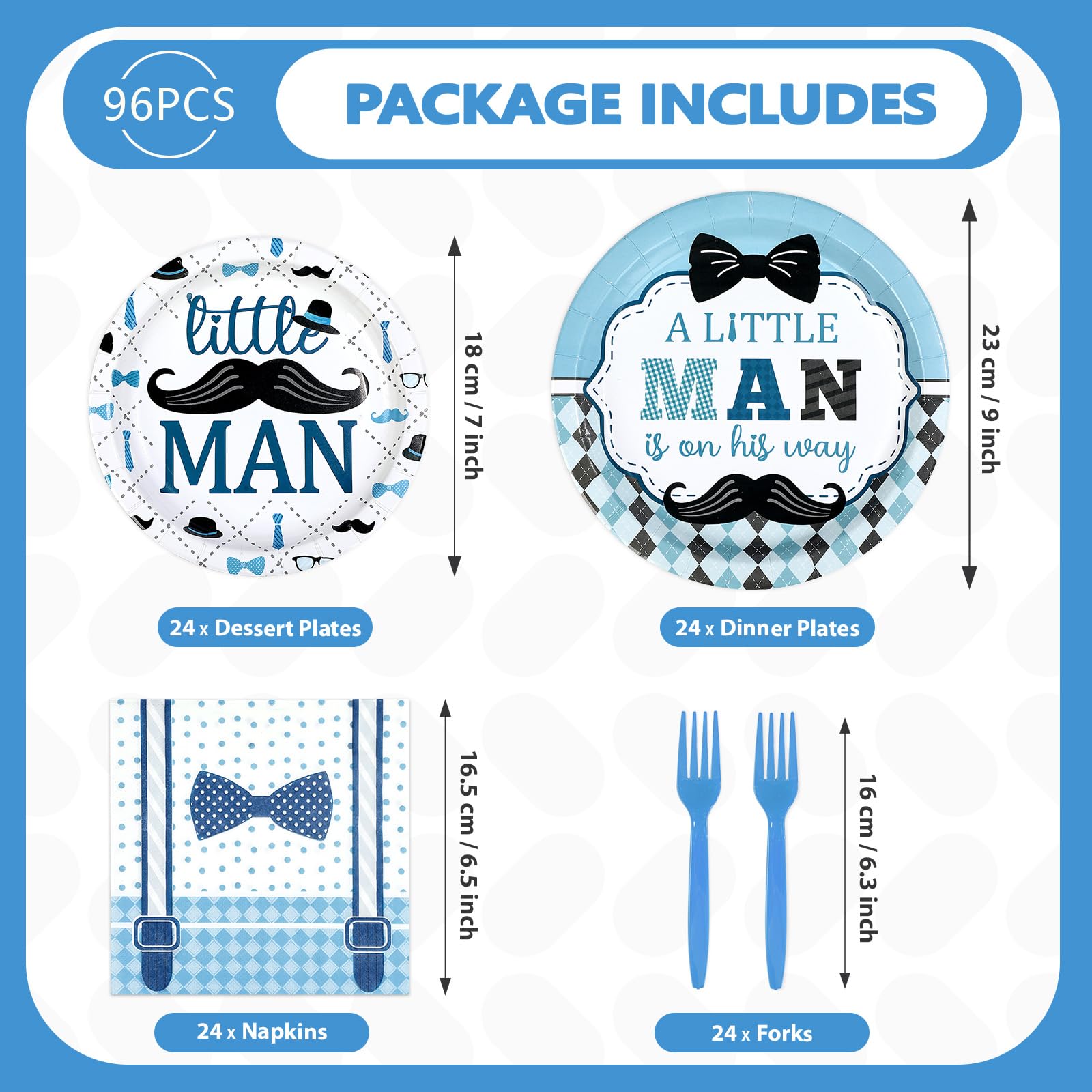 96 Pcs Little Man Baby Shower Party Plates and Napkins - Grencian