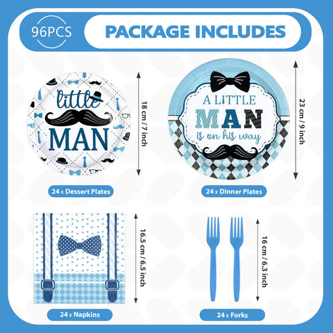 96 Pcs Little Man Baby Shower Party Plates and Napkins - Grencian