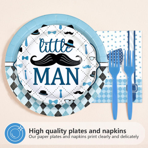 96 Pcs Little Man Baby Shower Party Plates and Napkins - Grencian