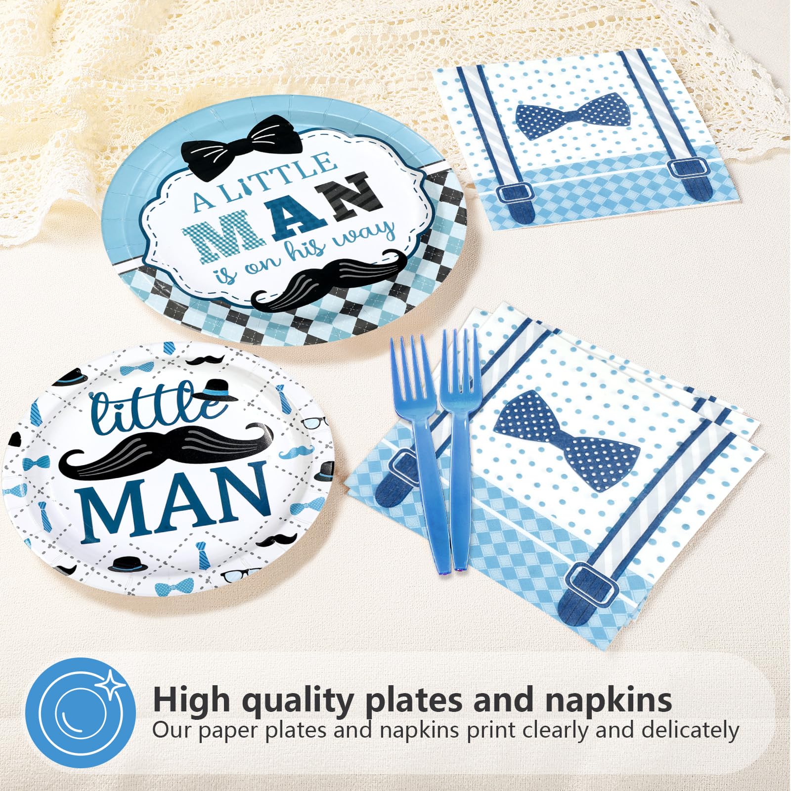 96 Pcs Little Man Baby Shower Party Plates and Napkins - Grencian