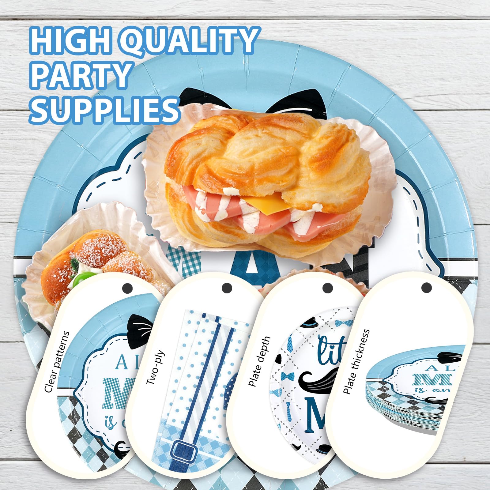 96 Pcs Little Man Baby Shower Party Plates and Napkins - Grencian