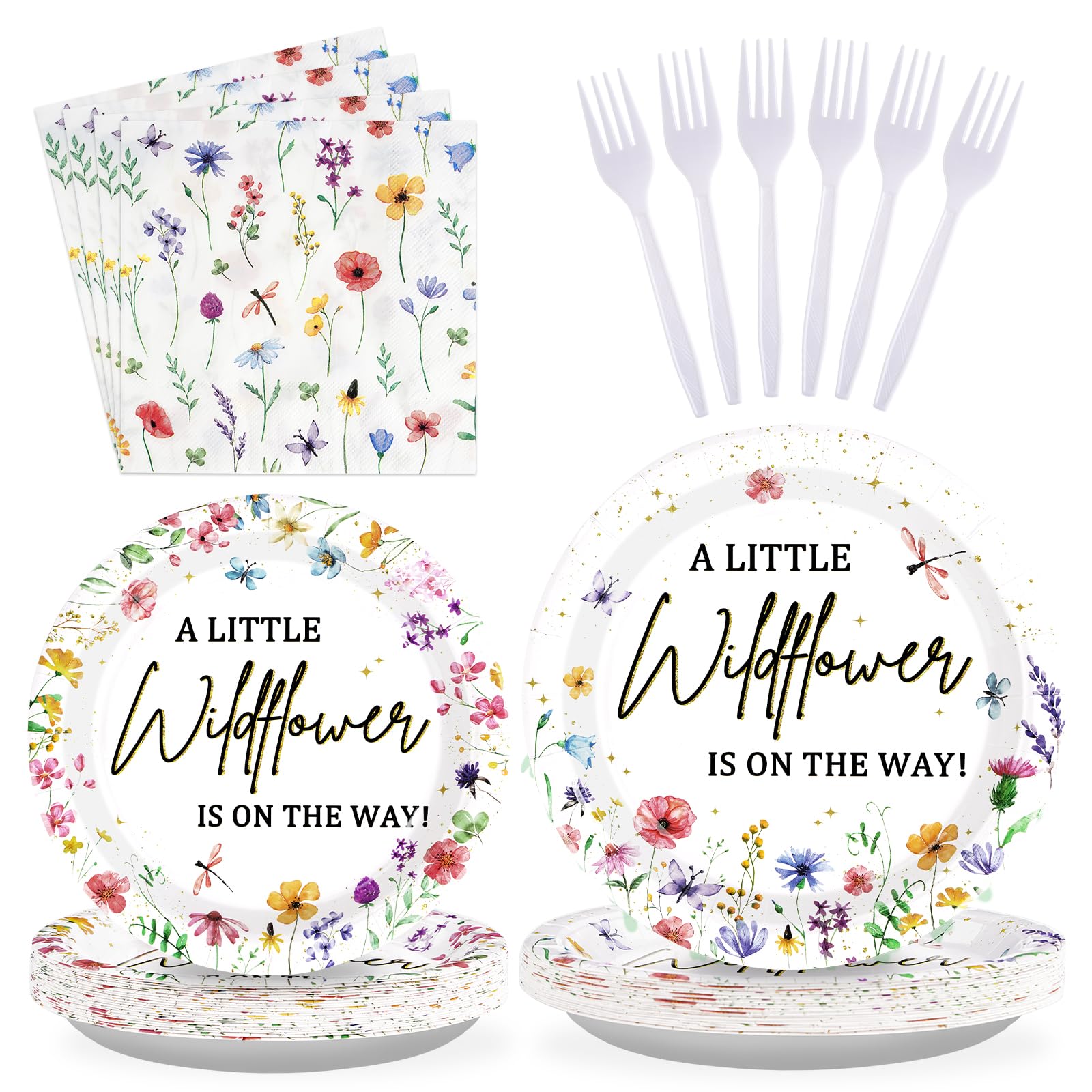 96 Pcs Little Wildflower Party Plates and Napkins - Grencian