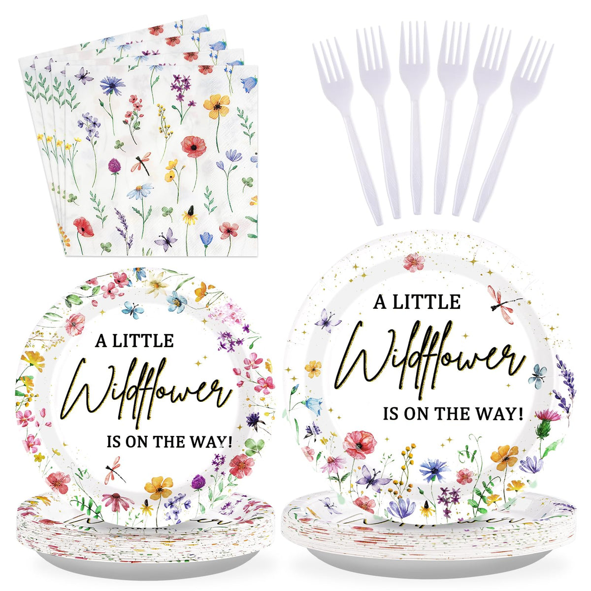 96 Pcs Little Wildflower Party Plates and Napkins - Grencian