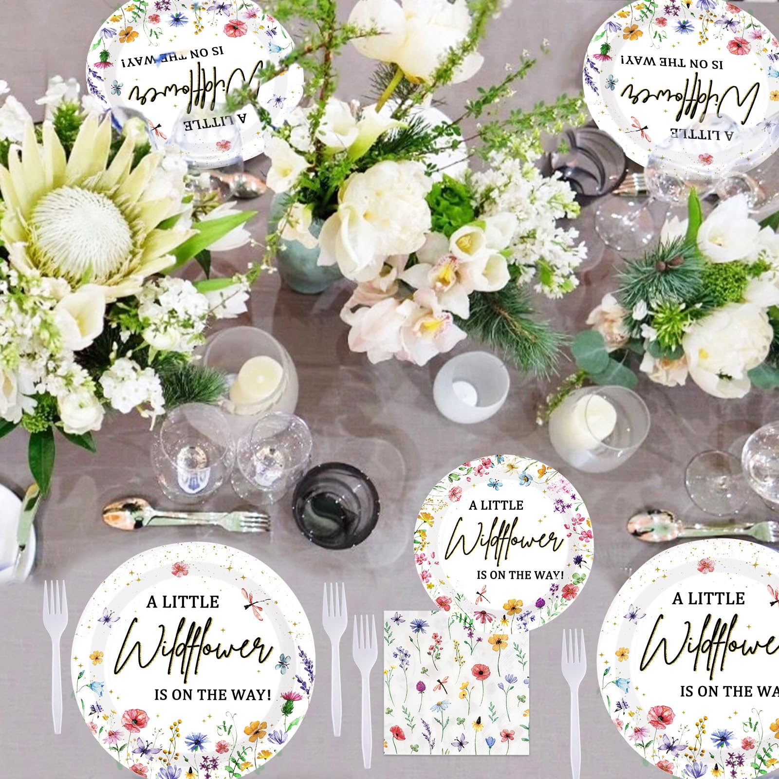 96 Pcs Little Wildflower Party Plates and Napkins - Grencian