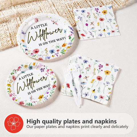 96 Pcs Little Wildflower Party Plates and Napkins - Grencian