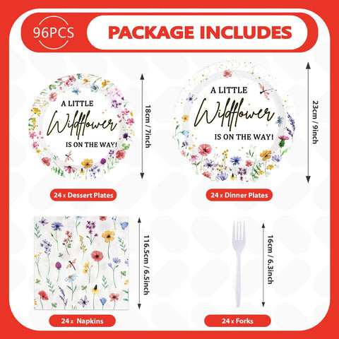 96 Pcs Little Wildflower Party Plates and Napkins - Grencian