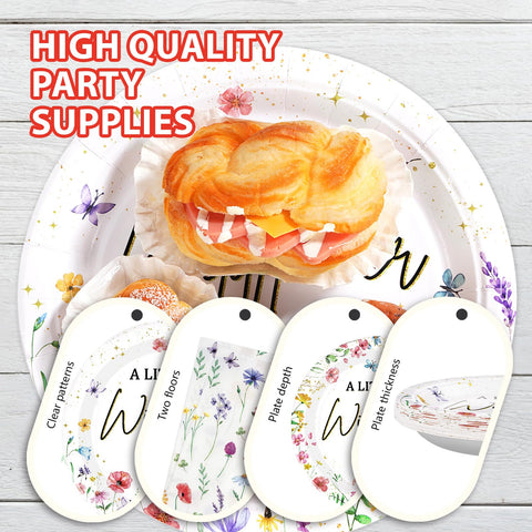 96 Pcs Little Wildflower Party Plates and Napkins - Grencian