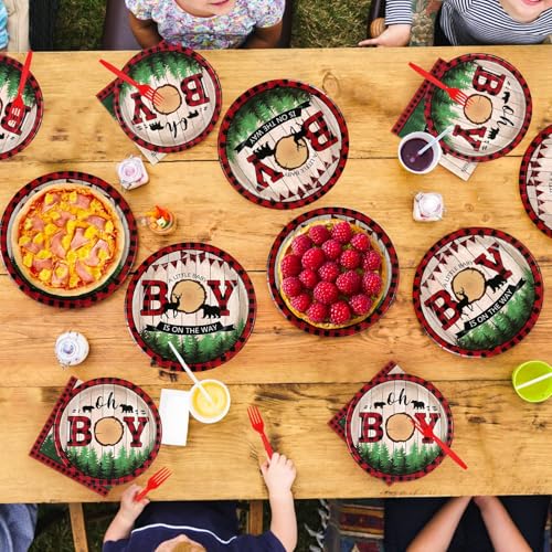 96 Pcs Lumberjack Boy Party Plates and Napkins - Grencian