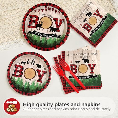 96 Pcs Lumberjack Boy Party Plates and Napkins - Grencian