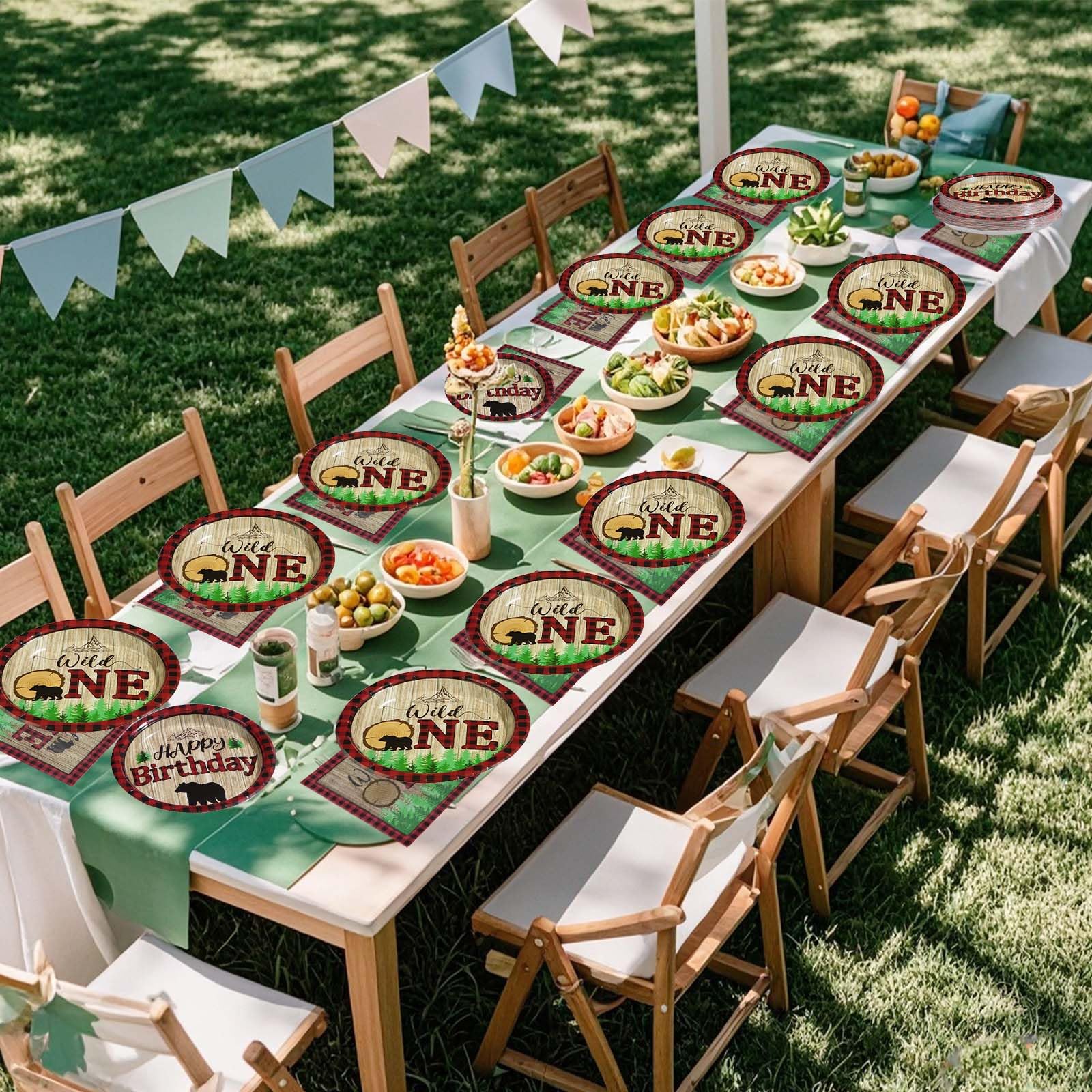 96 Pcs Lumberjack First Birthday Party Plates and Napkins - Grencian