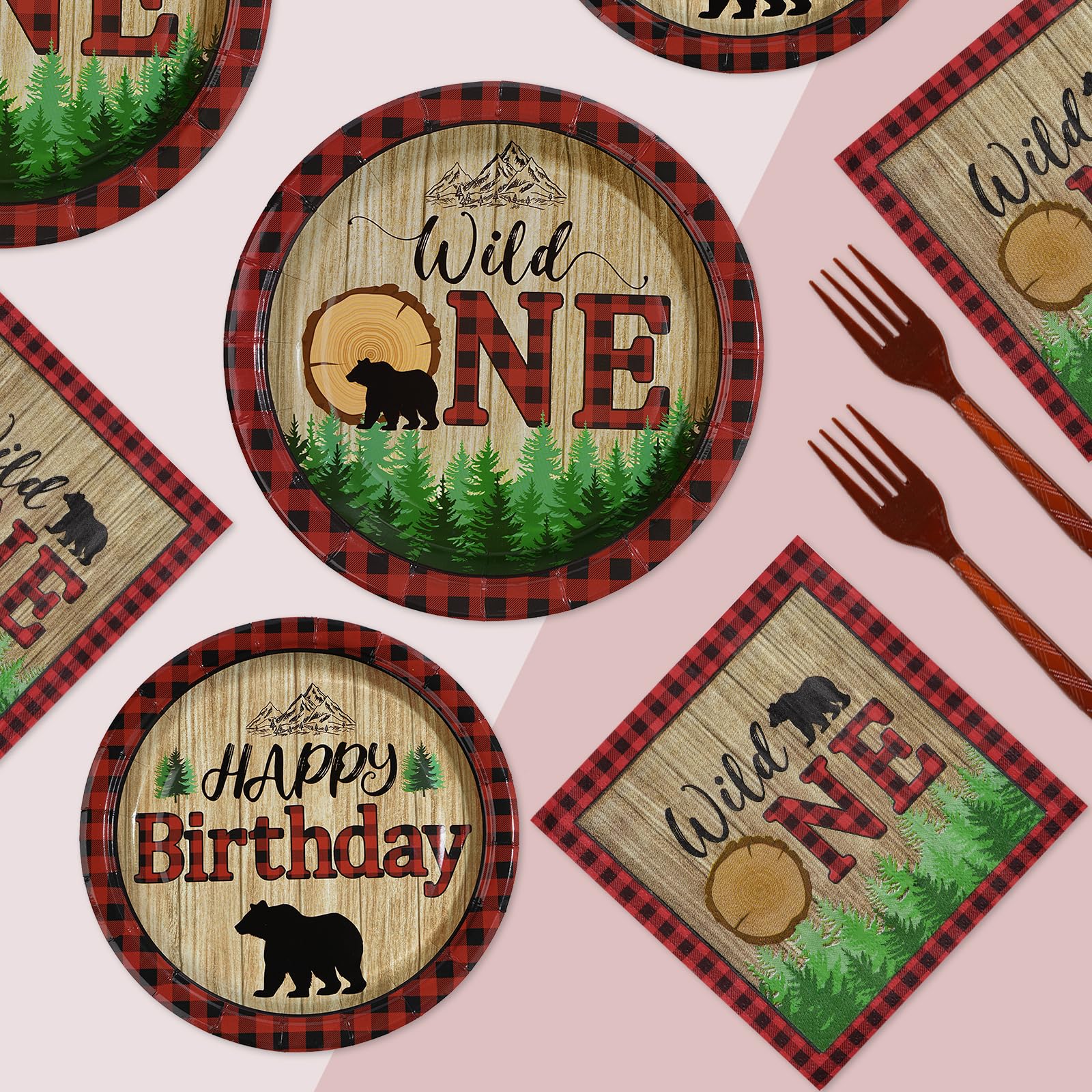 96 Pcs Lumberjack First Birthday Party Plates and Napkins - Grencian