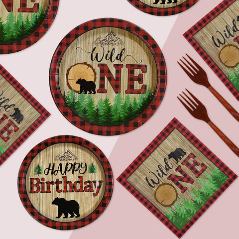 96 Pcs Lumberjack First Birthday Party Plates and Napkins - Grencian