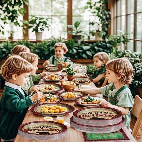 96 Pcs Lumberjack First Birthday Party Plates and Napkins - Grencian