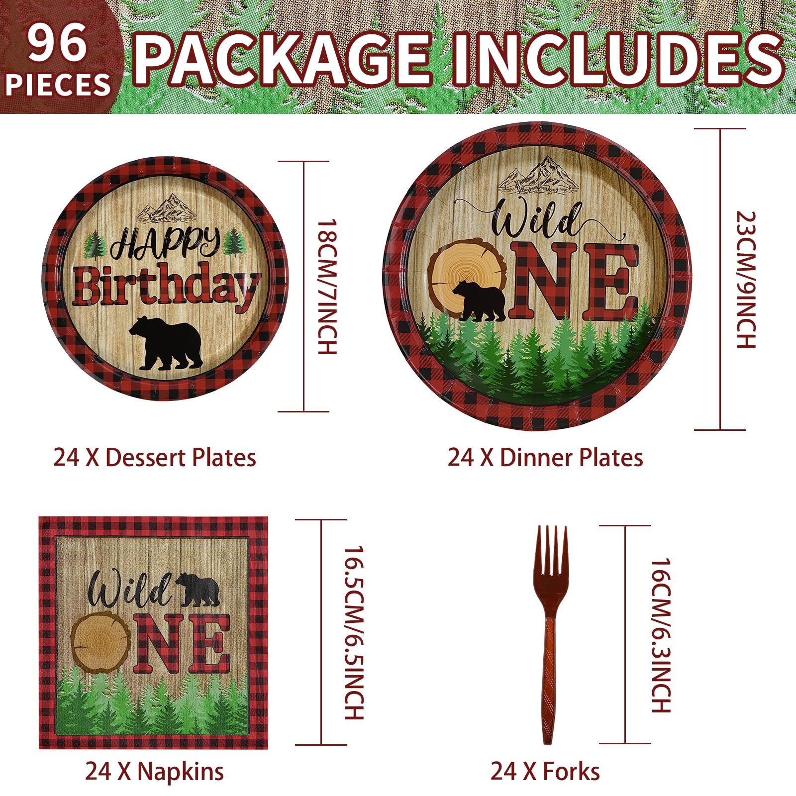 96 Pcs Lumberjack First Birthday Party Plates and Napkins - Grencian