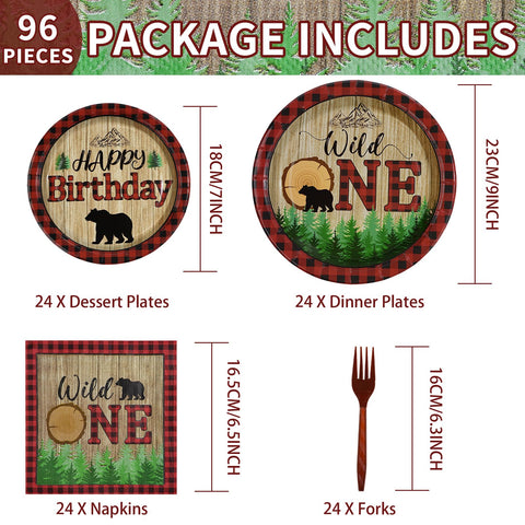 96 Pcs Lumberjack First Birthday Party Plates and Napkins - Grencian