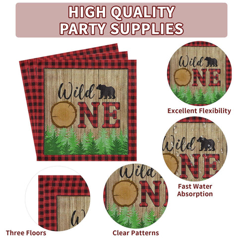 96 Pcs Lumberjack First Birthday Party Plates and Napkins - Grencian