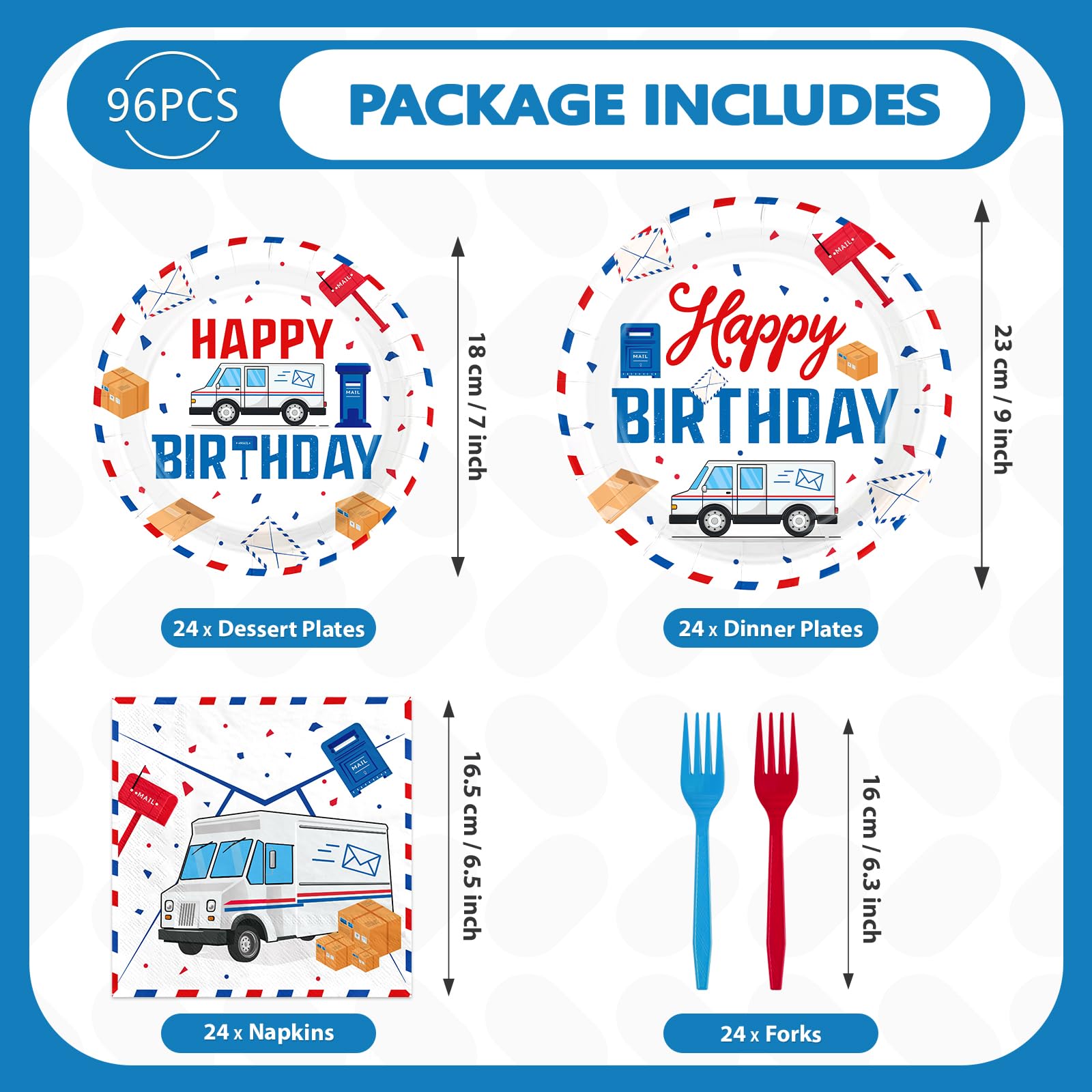 96 Pcs Mailman Birthday Party Plates and Napkins - Grencian