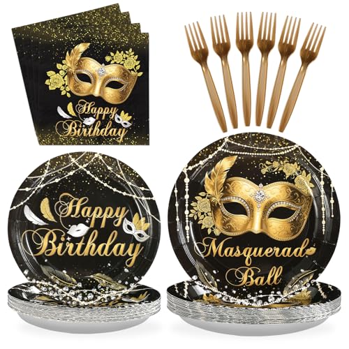 96 Pcs Mask Ball Party Plates and Napkins - Grencian