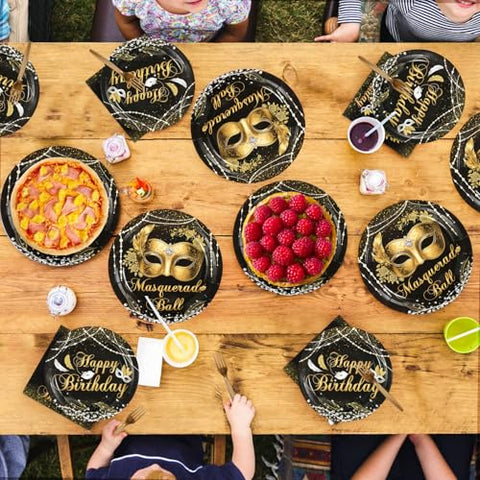 96 Pcs Mask Ball Party Plates and Napkins - Grencian