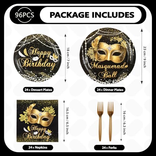 96 Pcs Mask Ball Party Plates and Napkins - Grencian