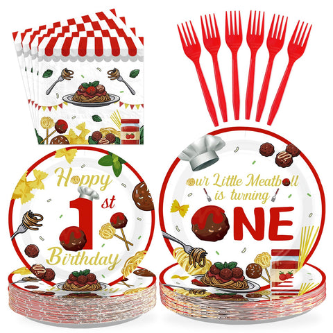 96 Pcs Meatball 1st Birthday Party Plates and Napkins - Grencian