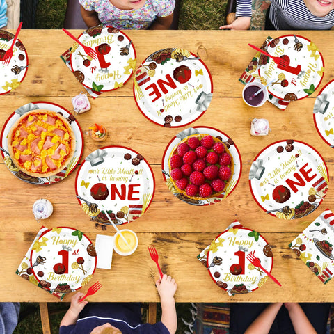 96 Pcs Meatball 1st Birthday Party Plates and Napkins - Grencian
