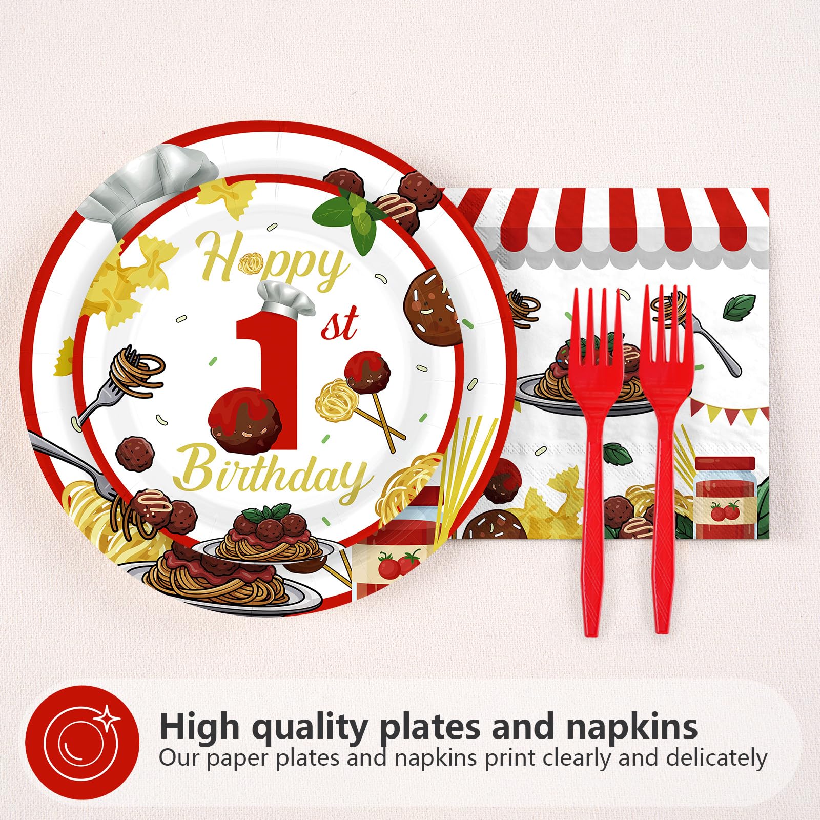 96 Pcs Meatball 1st Birthday Party Plates and Napkins - Grencian