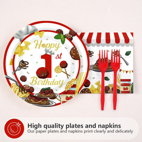 96 Pcs Meatball 1st Birthday Party Plates and Napkins - Grencian