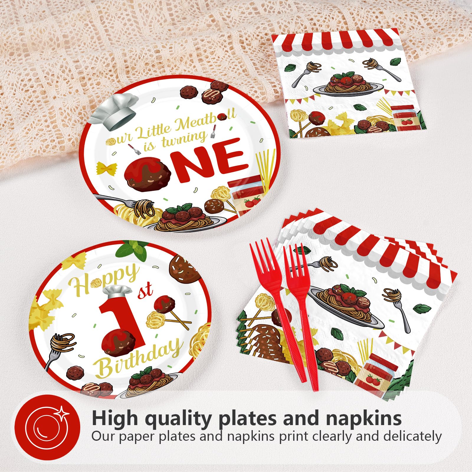 96 Pcs Meatball 1st Birthday Party Plates and Napkins - Grencian
