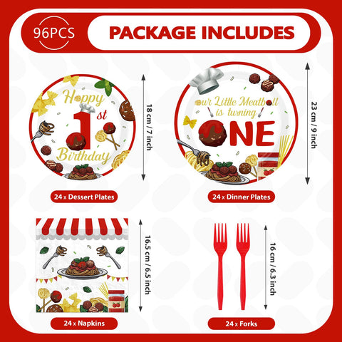 96 Pcs Meatball 1st Birthday Party Plates and Napkins - Grencian