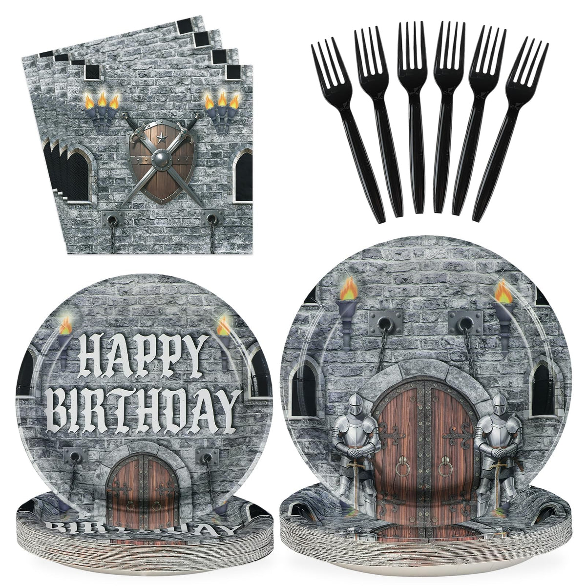 96 Pcs Medieval Castle Birthday Party Plates and Napkins - Grencian