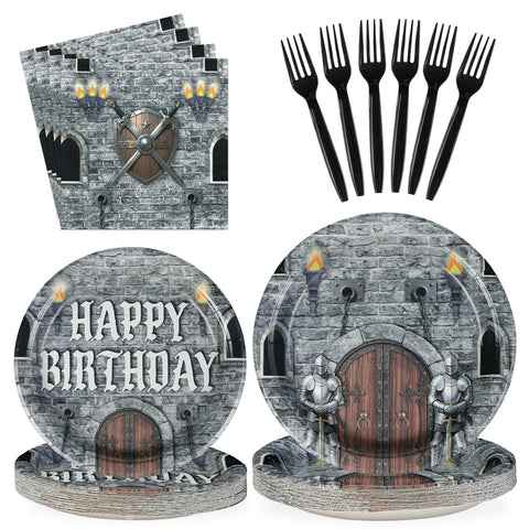 96 Pcs Medieval Castle Birthday Party Plates and Napkins - Grencian