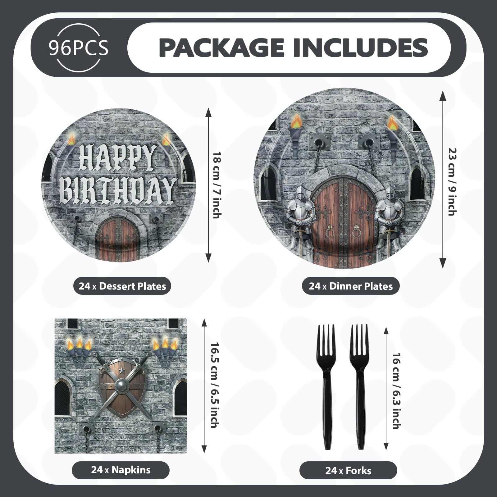 96 Pcs Medieval Castle Birthday Party Plates and Napkins - Grencian
