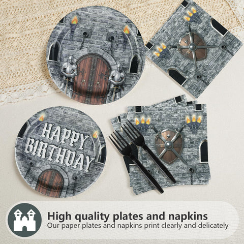 96 Pcs Medieval Castle Birthday Party Plates and Napkins - Grencian